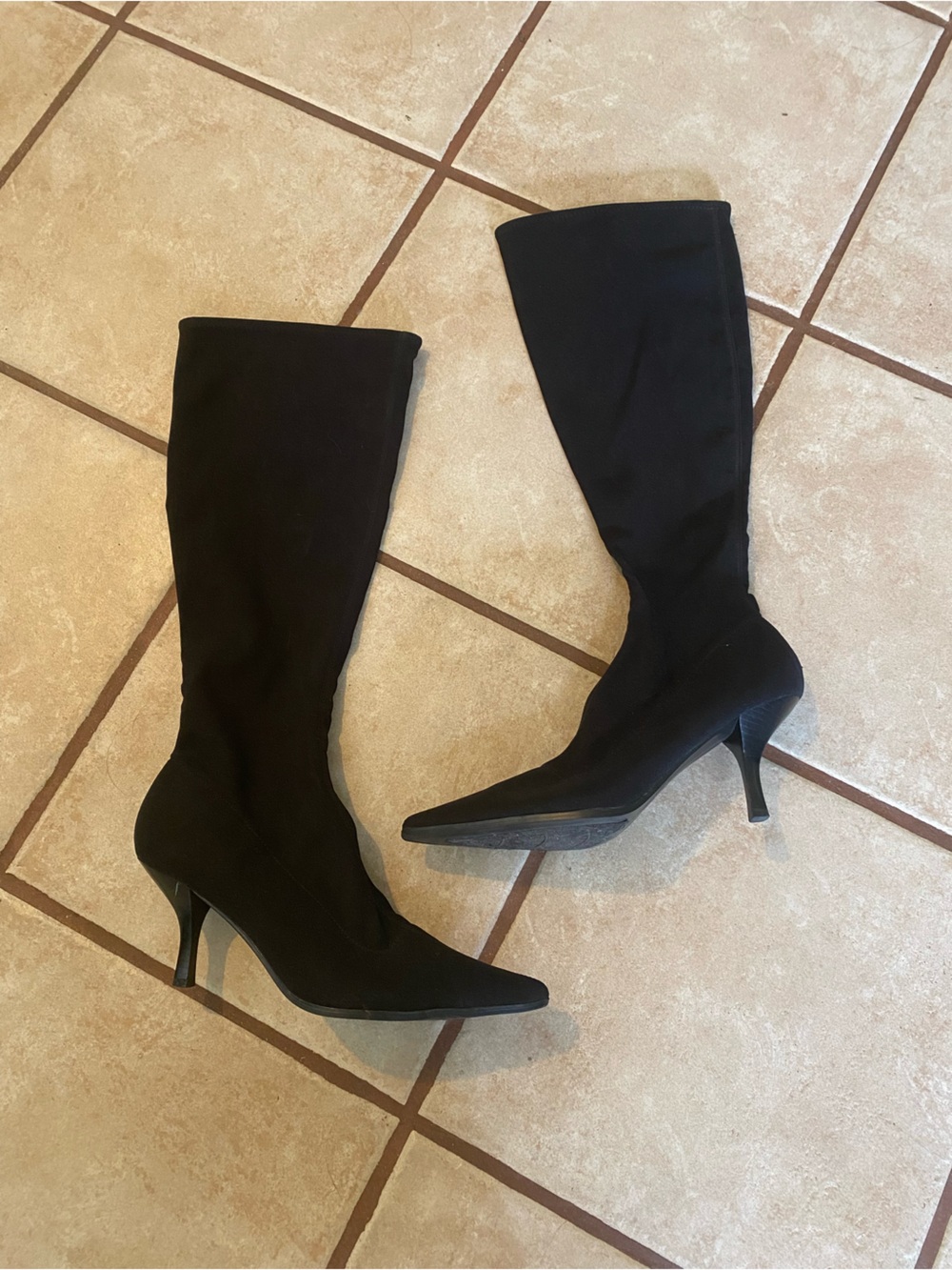 Black Pointed Toe Knee-High I pull On Stretch Tops Stiletto Boots Size 8 M